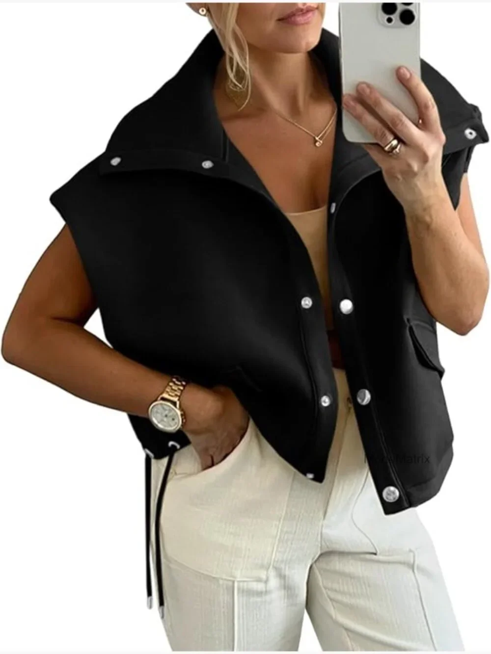 Oversized Vest Cropped Button Down Lapel Collar Casual Drawstring Outerwear